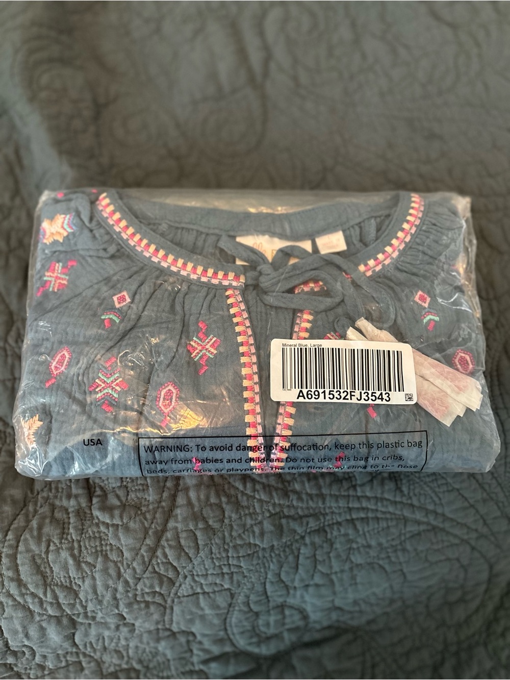 Belle by Kim Gravel Embroidered Gauze Peasant Blouse Blue Large Boho NWT - Picture 8 of 8